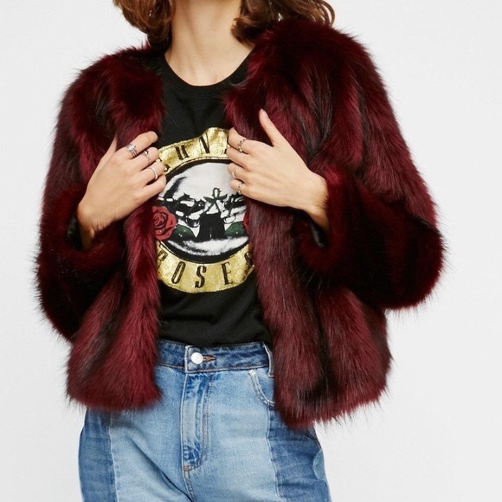 Free People Izzy Jacket Faux Fur Red Black Small